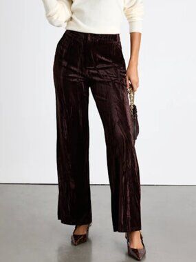 Tuley Dark Brown Crushed Velvet Wide-Leg Pants. Size Medium